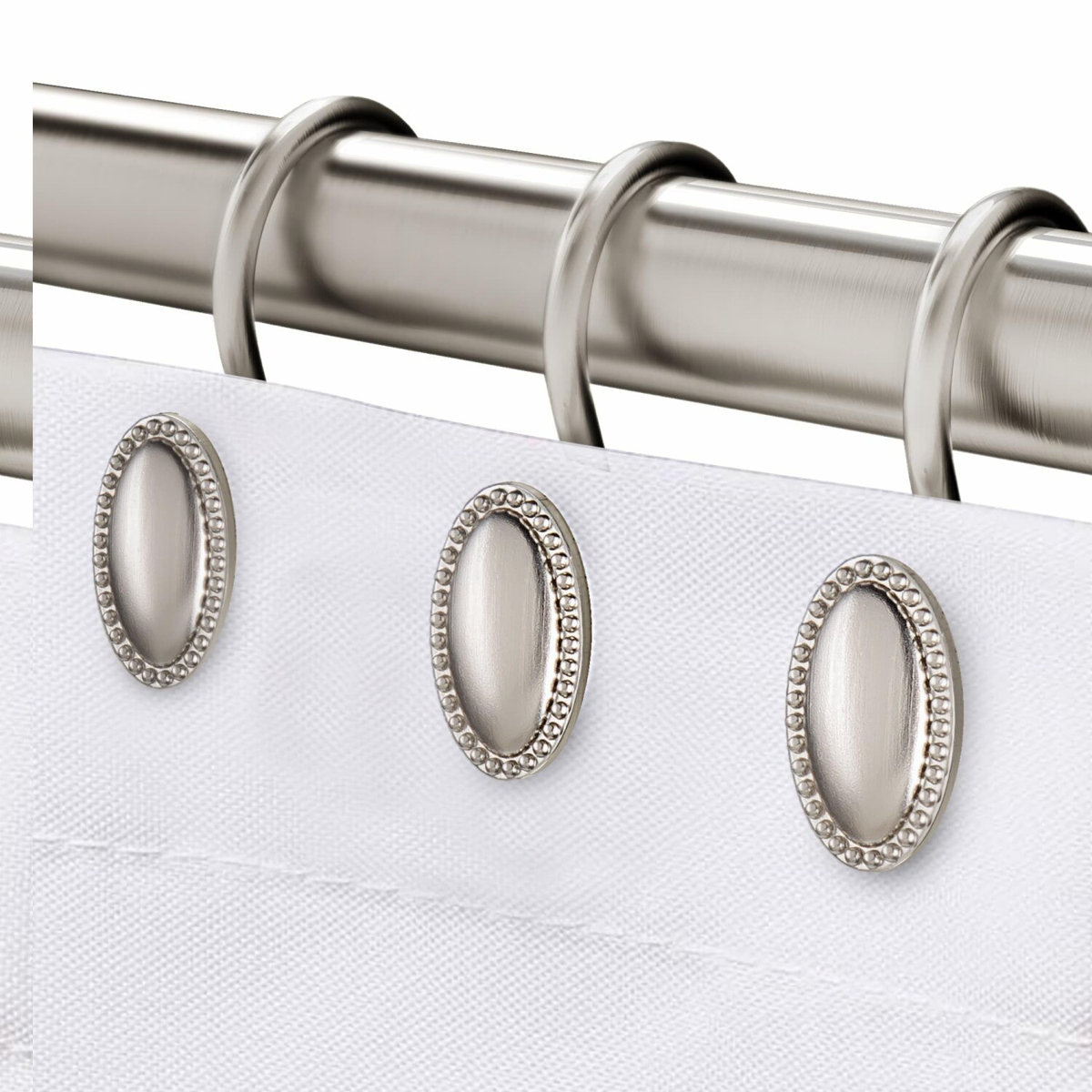 RustGuard Brushed Nickel Shower Curtain Hooks - Decorative, Rust Resistant Metal Rings for Bathroom, Set of 12